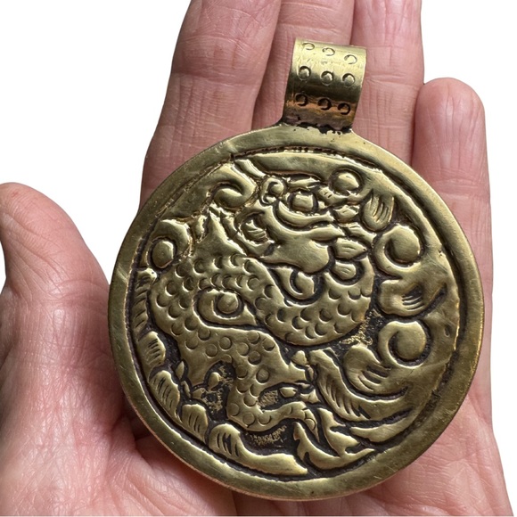 Vintage Dragon Pendant Red Stone Pendant Brass Statement Medallion - Picture 4 of 6